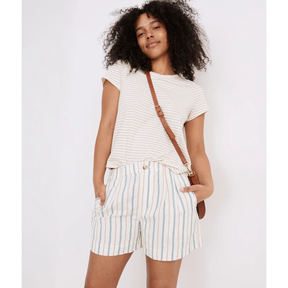 Madewell Linen-Blend Track Shorts Stripe Polished Jade Coastal Boho Size XS